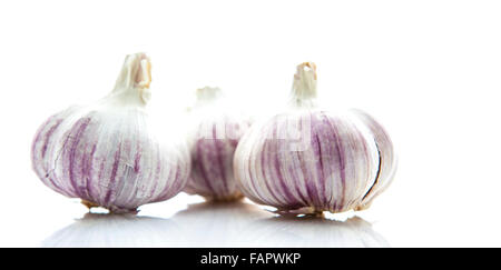 Knoblauch Zwiebeln auf weißem Hintergrund Stockfoto