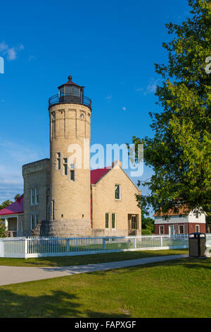 Historische alte Mackinac Point Lighthouse im Michilimackinac State Park in Mackinaw City Michigan Stockfoto