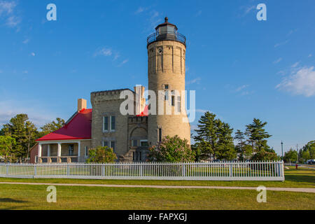 Historische alte Mackinac Point Lighthouse im Michilimackinac State Park in Mackinaw City Michigan Stockfoto