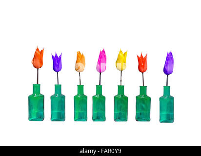 Grüne Glasflaschen und bunte Tulpen isoliert auf weiss hintereinander aufgereiht. Stockfoto