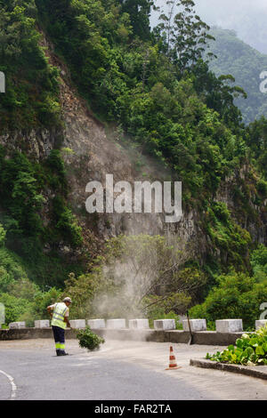 Madeira - Straße durch San Roque de Faial. Arbeiter verwendet einen Zweig als einen Besen, um losen Schotter von der Fahrbahn zu fegen. Stockfoto