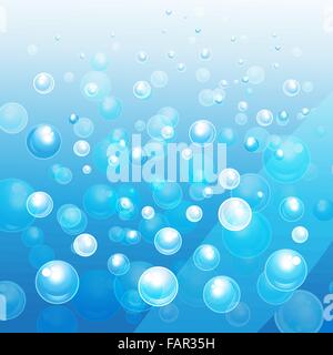 Luftblasen im Wasser auf einem blauen Hintergrund. Kreis und Flüssigkeit, leichtes Design, klare Seife glänzend, Vektor-Illustration Stock Vektor