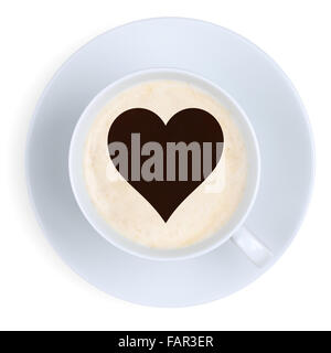 Kaffee in der Tasse Herz Form Liebe isoliert auf weißem Hintergrund Stockfoto