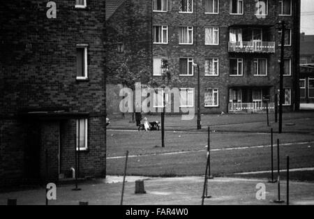 The Boulevard, Buttershaw Estate, Bradford, West Yorkshire, Großbritannien. Ein weitläufiger Gemeinderat der 1950er Jahre wohnungssystem des rates. Schwarz-Weiß-Bilder von 1982 zeigen die düstere Umgebung eines typischen nordenglischen Arbeiterunterbeckens. Stockfoto