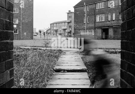 The Boulevard, Buttershaw Estate, Bradford, West Yorkshire, Großbritannien. Ein weitläufiger Gemeinderat der 1950er Jahre wohnungssystem des rates. Schwarz-Weiß-Bilder von 1982 zeigen die düstere Umgebung eines typischen nordenglischen Arbeiterunterbeckens. Stockfoto