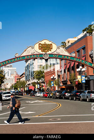 Das historische Gaslamp Quarter-Zeichen in der Innenstadt von San Diego, Kalifornien Stockfoto