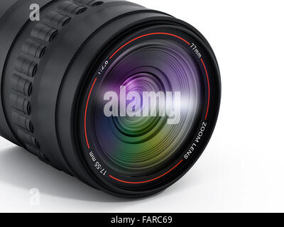 Kamera-Objektiv mit Reflexion isoliert auf weißem Hintergrund. Stockfoto