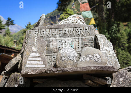 Mani Steine auf dem Everest Trail. Sagarmatha National Park. Solukhumbu District. Nepal. Stockfoto