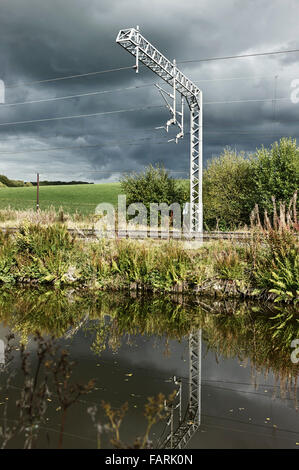 Obenliegende gantry für elektrifizierte Bahnlinien UK in der Landschaft mit Kanal im Vordergrund Stockfoto