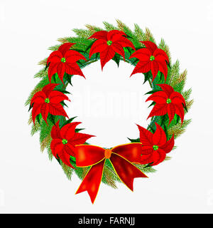 Adventskranz aus Kiefer Blätter verziert mit roter Schleife und Weihnachtsstern Blumen für Weihnachtsfeier Stockfoto