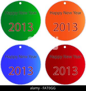 Kreisförmige glänzenden Aufkleber in blau, rot, grün und Orange Farben mit Aufschrift frohes neues Jahr 2013 eine isolierte Stockfoto