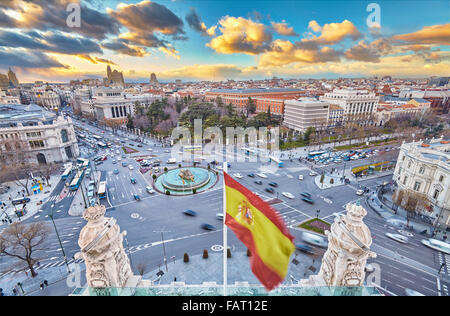 Madrid Skyline aus dem Cibeles Palast auf dem Dach. Madrid, Spanien. Stockfoto