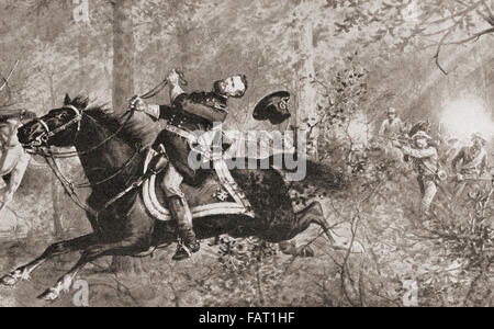 Der Fall der allgemeinen James Birdseye McPherson, 1828-1864, bei der Schlacht von Atlanta, kämpfte während des amerikanischen Bürgerkrieges am 22. Juli 1864. James Birdseye McPherson, 1828 – 1864.  Berufsoffizier United States Army, die während des amerikanischen Bürgerkriegs als General in der Armee der Union diente. Stockfoto