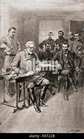 Übergabe der Robert E. Lee an General Ulysses S. Grant, Appomattox Court House, Virginia, am 9. April 1865, womit der amerikanische Bürgerkrieg. Stockfoto