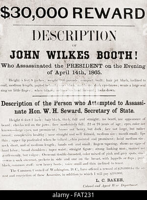 Plakat, eine Belohnung $30.000 für die Verhaftung von John Wilkes Booth, der Mann, der Präsident Abraham Lincoln im Ford Theater in Washington, D.C., am 14. April 1865 ermordet. Stockfoto