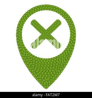 Ökologie-Konzept, frische grüne vier Blatt Klee bilden Karte Pin-Symbol oder Stecknadel und X Mark, Isolated on White Background Stockfoto