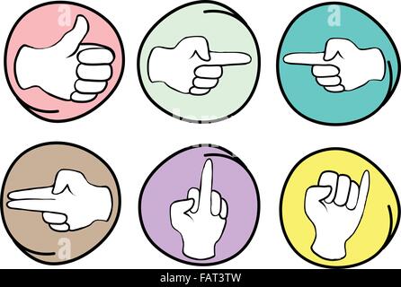 Handzeichen, Cartoon Illustration aus einer Sammlung von Händen zeigen verschiedene Gesten im Kreis Frame Stock Vektor