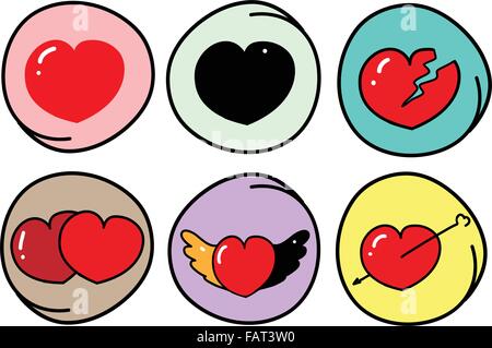 Liebe Konzepte, Fahrgast-/Illustration von roten und schwarzen Herz Symbole & Symbole mit verschiedenen Variationen im Kreis Frame Stock Vektor