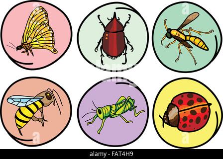 Cartoon-Illustration aus einer Sammlung von Insekten Symbol, Marienkäfer, Schmetterling, Heuschrecke, Hummel, Wespe und Hirschkäfer im Kreis Stock Vektor