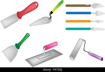 Bauherren-Tools, eine Illustration Sammlung von Handwerkzeugen für Bau, Kelle, Spachtel, Spachtel und Farbroller malen Stock Vektor