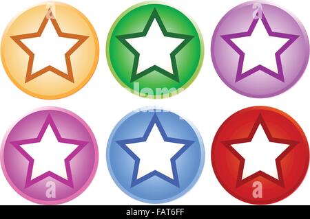 Eine Illustration-Sammlung von Colorsful Satrs mit glänzenden runden Tasten in sechs verschiedenen Farben mit textfreiraum für fügen Inhalt o Stock Vektor