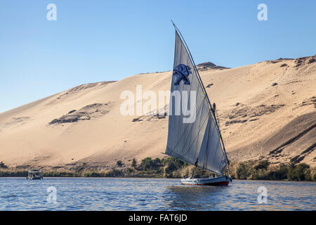 Feluke, traditionellen hölzernen Segelboot auf dem Fluss Nil nahe Assuan südlichen Ägypten Stockfoto