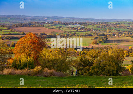 Herbstfärbung in den Wäldern auf dem Gipfel des Hügels historischen Cadbury in Somerset, England, UK Stockfoto