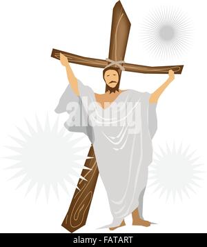 Eine Abbildung von Jesus Christus stehend mit einem Holzkreuz und beten für die Menschen Stock Vektor