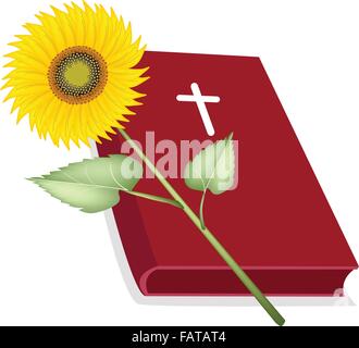 Zur Veranschaulichung der rote überdachte Bibel mit Holzkreuz und eine schöne Sonnenblume, die Grundlage des Christentums Stock Vektor