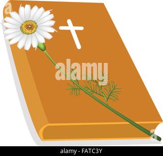 Zur Veranschaulichung der Orange bedeckt Bibel mit Holzkreuz und eine schöne weiße Daisy Blume, die Grundlage des Christentums Stock Vektor