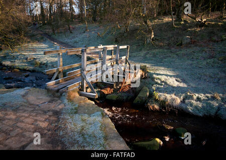 Holzbrücke über Burbage Bach auf dem Longshaw Anwesen im Peak District National Park Stockfoto