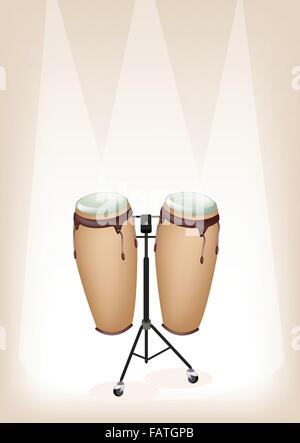 Musikinstrument, eine Abbildung von einem Retro-Stil klassische Congas auf Ständer mit Drumsticks auf Vintage braun Bühne Hinterg Stock Vektor