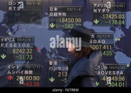 Tokio, Japan. 4. Januar 2016. Eine Frau führt ein elektronisches Schild mit Japans Nikkei stock Durchschnitt (oben Mitte) am ersten Tag des Geschäftsjahres 2016 in Tokio, Japan, 4. Januar 2016. © Yuriko Nakao/AFLO/Alamy Live-Nachrichten Stockfoto