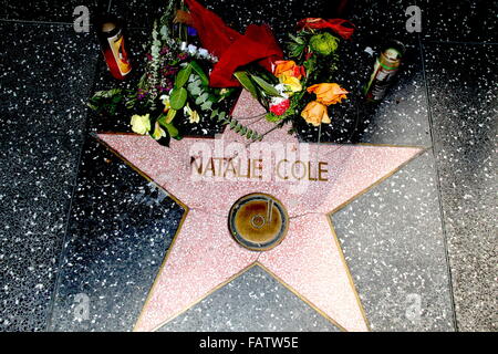 Hollywood, Kalifornien, USA. 3. Januar 2016. I15800CHW. Memorial Blumen platziert auf dem Hollywood Walk Of Fame Star Entertainer Natalie Cole.1750 N. Vine Street / vor Capitol Records Bldg, Hollywood, CA.01/04/2016.FLOWERS PLACED ON der HOLLYWOOD WALK OF FAME STAR von NATALIE COLE. © Clinton H. Wallace/Photomundo International / Fotos Inc © Clinton Wallace/Globe Fotos/ZUMA Draht/Alamy Live News Stockfoto