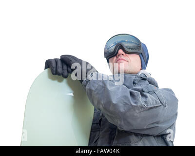 Snowboarder mit Snowboard-Deck. Isoliert auf weißem Hintergrund. Stockfoto