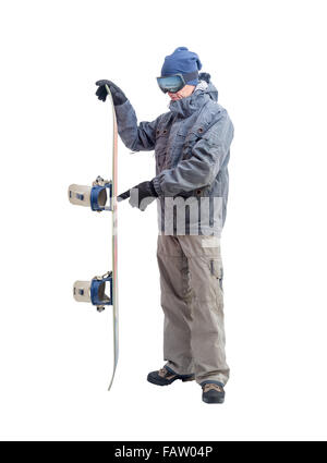 Snowboarder mit Snowboard-Deck. Isoliert auf weißem Hintergrund. Stockfoto