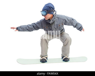 Snowboarder mit Snowboard-Deck. Isoliert auf weißem Hintergrund. Stockfoto