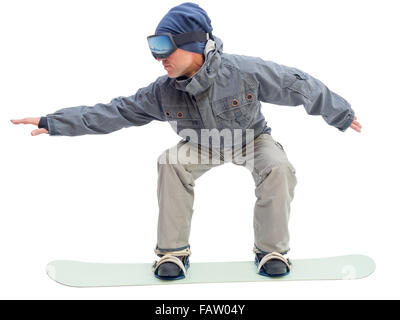 Snowboarder mit Snowboard-Deck. Isoliert auf weißem Hintergrund. Stockfoto