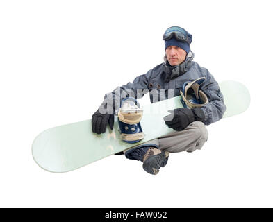 Snowboarder mit Snowboard-Deck. Isoliert auf weißem Hintergrund. Stockfoto