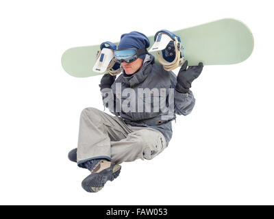 Snowboarder mit Snowboard-Deck. Isoliert auf weißem Hintergrund. Stockfoto