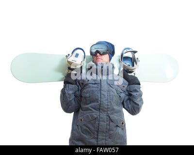 Snowboarder mit Snowboard-Deck. Isoliert auf weißem Hintergrund. Stockfoto