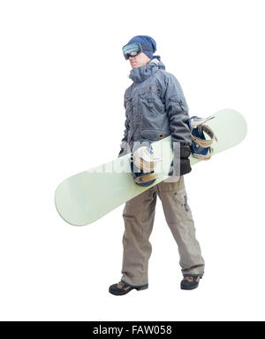 Snowboarder mit Snowboard-Deck. Isoliert auf weißem Hintergrund. Stockfoto