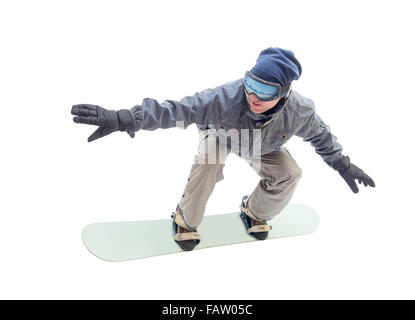 Snowboarder mit Snowboard-Deck. Isoliert auf weißem Hintergrund. Stockfoto