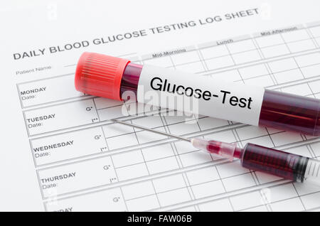 Täglich Blut-Glukose-Test und Probe Blut im Schlauch und Spritze. Blutzucker-Steuerungskonzept. Stockfoto