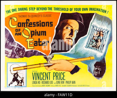 Theatralische Plakat für "Confessions of ein Opium-Esser" (aka "Übel von Chinatown") 1962 Film unter der Regie von Albert Zugsmith. Dies ist das US-halbes Blatt Poster gedruckt 1962 für das Filmen U.S.-Release im Juni des gleichen Jahres. Der Film basiert sehr lose auf Thomas De Quincey "Geständnisse eines englischen Opium-Eater" Erstveröffentlichung im Jahre 1821. Ein bizarre Film wo ein Nachkomme von Thomas De Quincey, die ursprüngliche Opium-Esser, Sklavinnen spart in Bambus Käfigen in Chinatown, San Francisco gehalten. Stockfoto