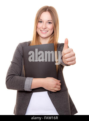 Junge Frau mit ihrem deutschen Anwendungsdatei. Alle auf weißem Hintergrund. Stockfoto