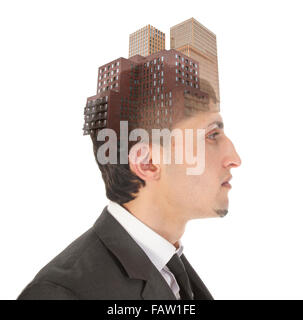 Doppelbelichtung der Geschäftsmann mit Wolkenkratzern isoliert auf weißem Hintergrund Stockfoto