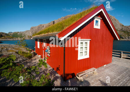 Rotes Haus mit einem Grasdach als ein Dorf der Lofoten-Inseln Stockfoto