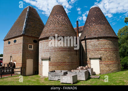 Oast Häuser in Kent, UK, traditionell zur Trocknung von Hopfen für das Bierbrauen Industrie eingesetzt Stockfoto