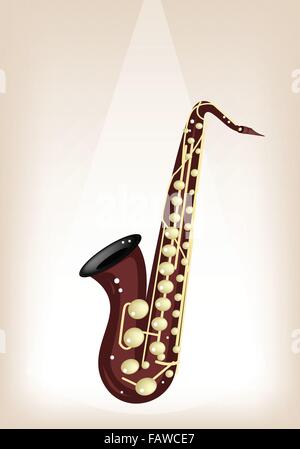 Musikinstrument, eine Illustration braun Farbe des goldenen Vintage Tenorsaxophon auf braune Bühne Hintergrund mit textfreiraum für Te Stock Vektor
